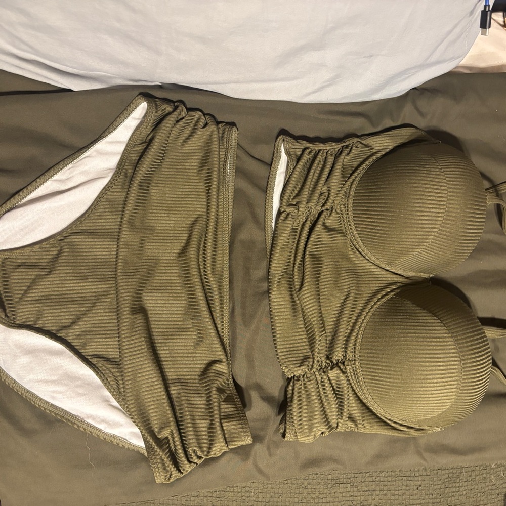 SHEIN Olive Green Ribbed Push-Up Bikini Set